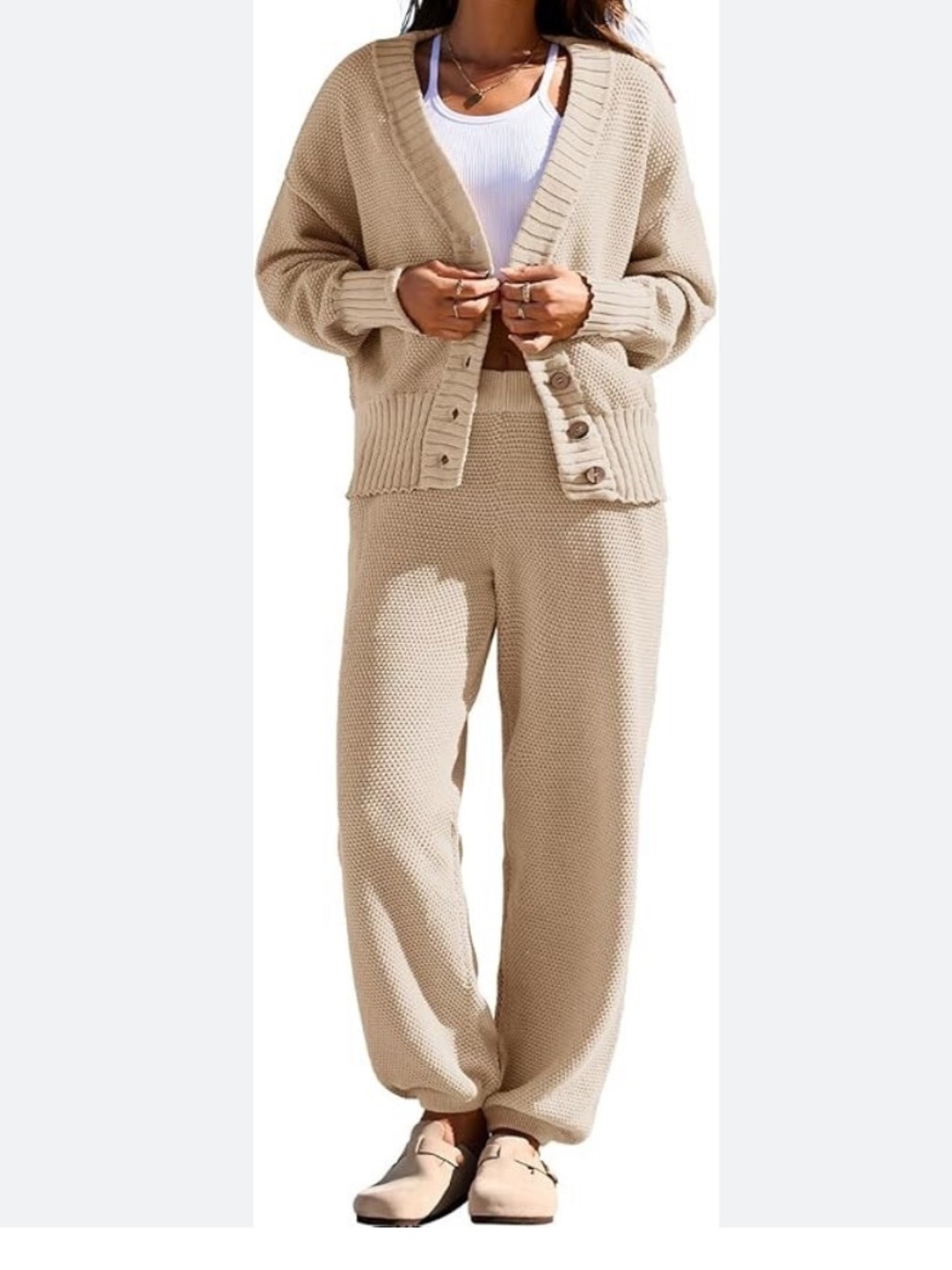 Free People Cream Knit Button Cardigan & Jogger Set